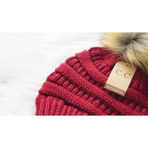 Metallic CC Pom Pom Beanie Burgundy Red Knit - Picture 3 of 5
